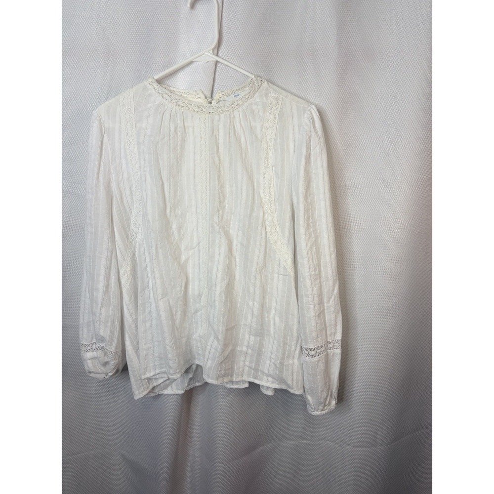 White Long-Sleeve Pintuck & Lace Peasant Top Size L